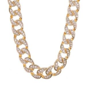 Gold Crystal Necklace Thick Cabin Link Diamond Chain Necklace Gold Cubic Zirconi